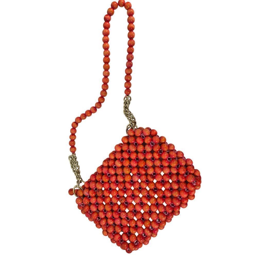 VTG 60s Wooden Bead Shoulder Purse Red/Coral Silver Chain Zipper Pink Interior